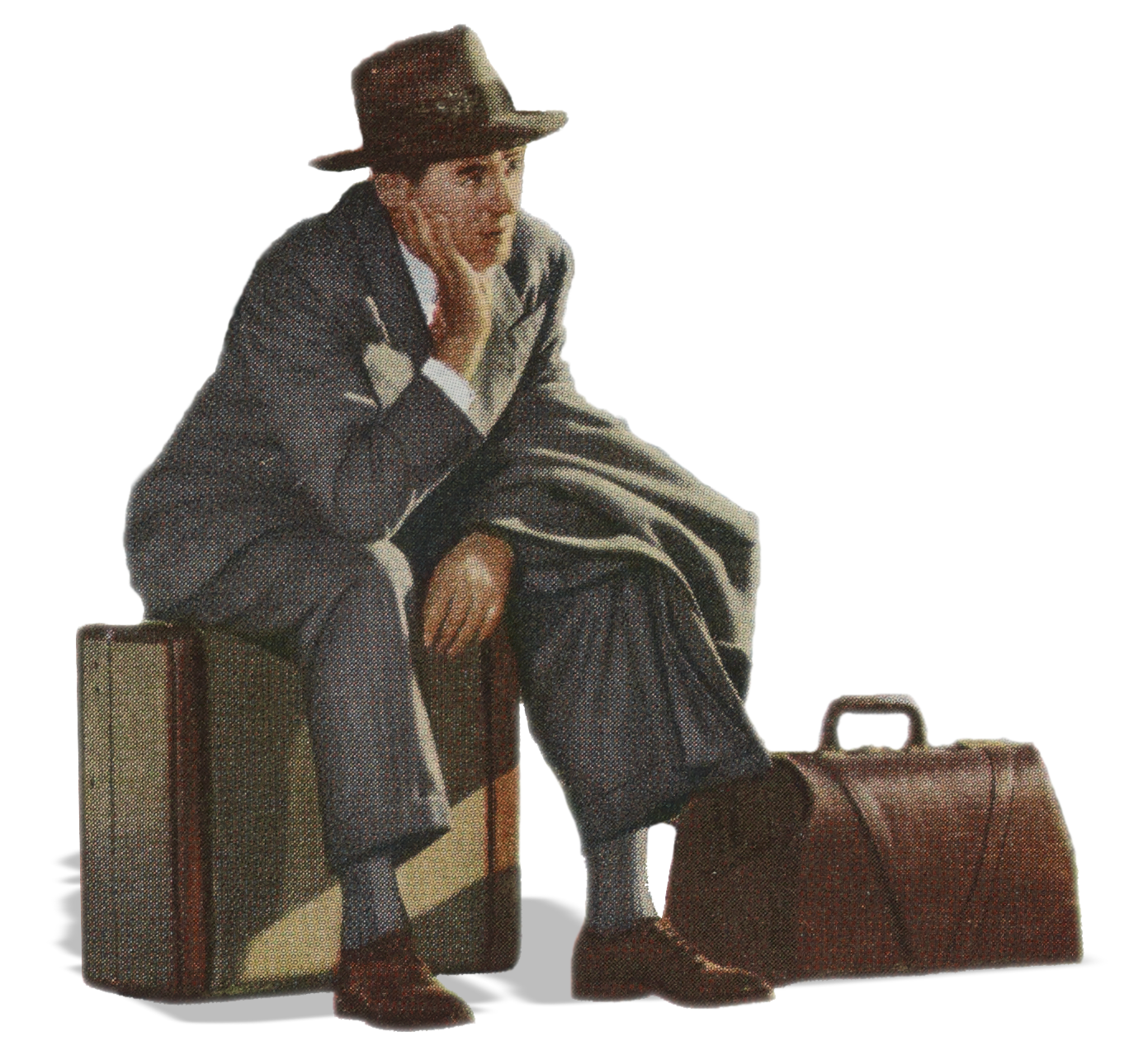 A dejected traveling salesman, wearing a suit and a fedora, rests on his suitcase, with his briefcase nearby.